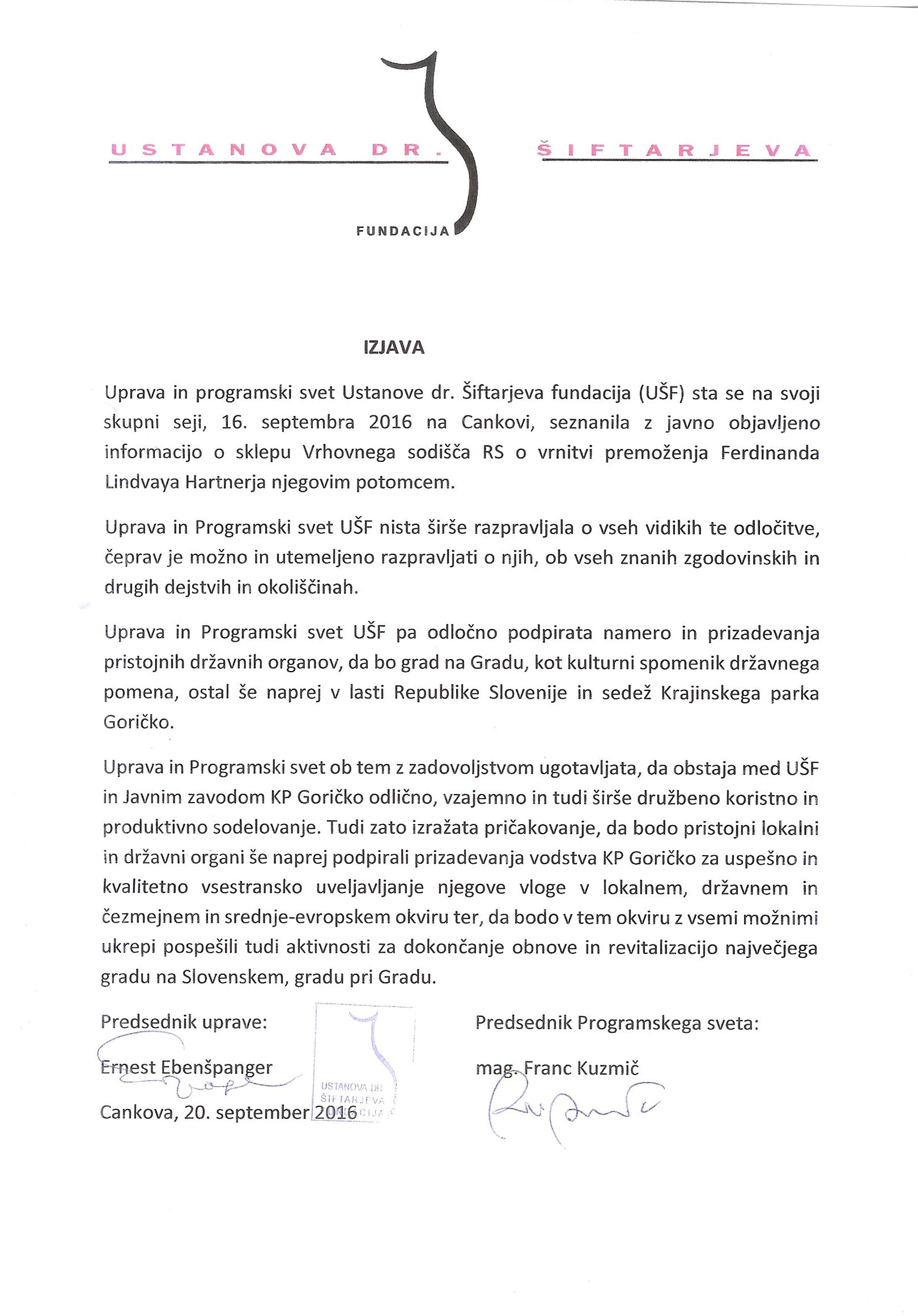 UŠF - izjava Grad